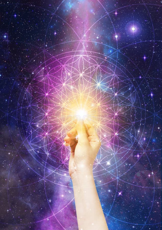 Hand opening the passage to stars, portal to Heaven, golden light, another dimension, world.  Flower of life, infinity, trust the Universe, universe and stars background. Spiritual sacred geometry; yoga, meditation, relaxation, astral projection, travel, divine timing, karma, awakening, cosmic connection, kundalini, merkaba concepts. Hand opening the passage to stars, portal to Heaven, golden light, another dimension, world.  Flower of life, infinity, trust the Universe, universe and stars background. Spiritual sacred geometry; yoga, meditation, relaxation, astral projection, travel, divine timing, karma, awakening, cosmic connection, kundalini, merkaba concepts.