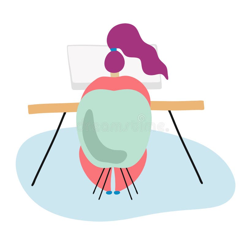Illustration of a girl sitting at a table and working at a computer, spending time at home concept, freelance, work at home vector illustration