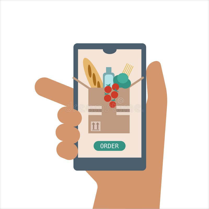 Hand Holding Phone with Order Loaf, Grocery, Vegetables on Paper