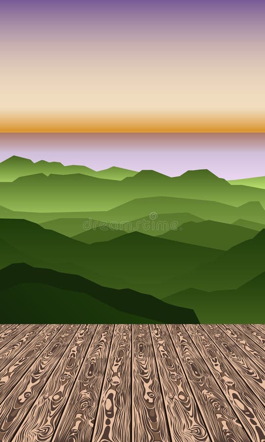 Picture with wooden planks against the background of hills and the rising sun