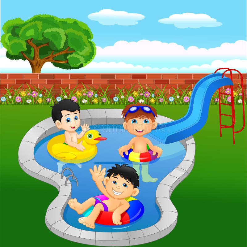 Cartoon Kids Playing In An Inflatable Pool Stock Vector - Illustration ...