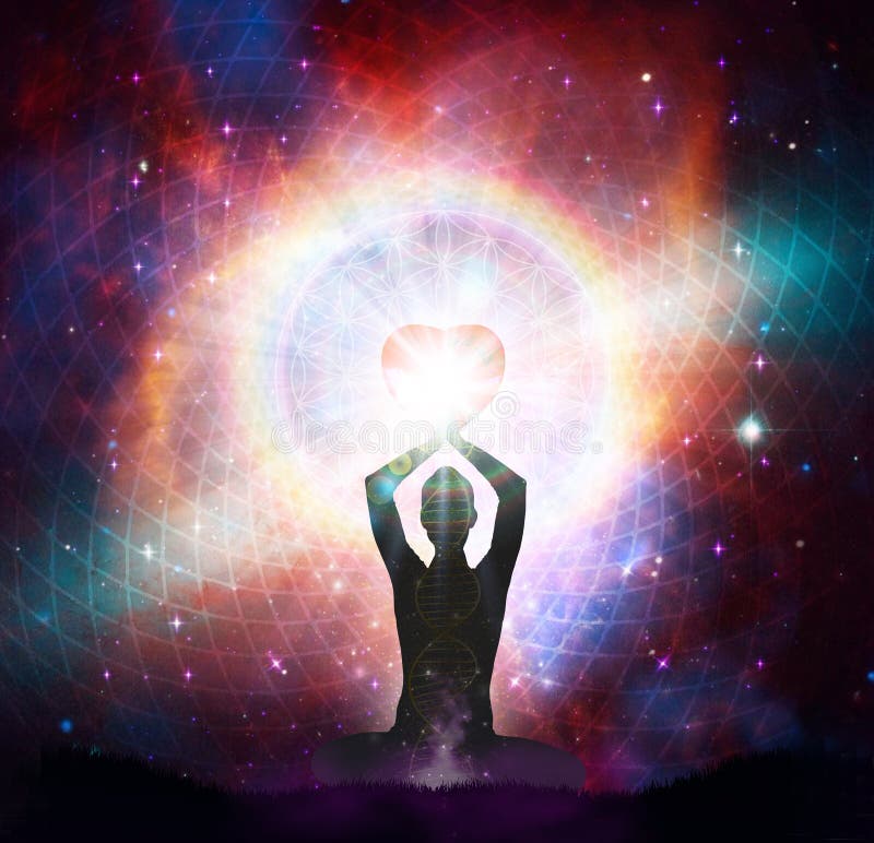 Silueta v jóga póza, diamant srdce a kvetina z život vyššie hlava, liečenie energia, vesmír.