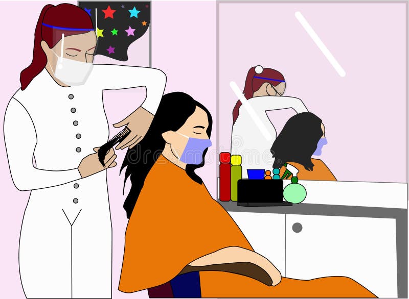 Stylist fixing a woman`s hair, respecting the new safety rules stock illustration