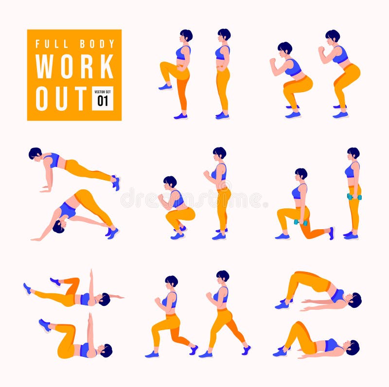 Full Body Workout Set. Women doing fitness and yoga exercises. Lunges, Pushups, Squats, Dumbbell rows, Burpees, Side planks, Situp royalty free stock image