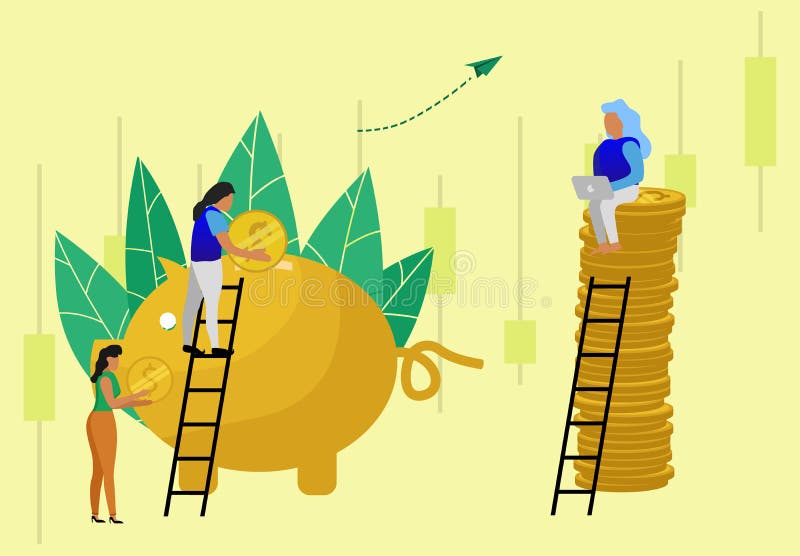 Vector illustration , teamwork concept on piggy bank coin teamwork white background, finance service small bankers are engaged i royalty free illustration.