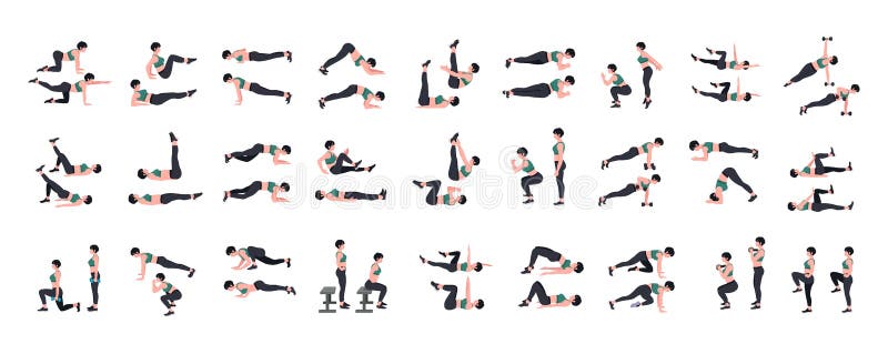 Women Workout Set. Women doing fitness and yoga exercises. Lunges, Pushups, Squats, Dumbbell rows, Burpees, Side planks, Situps, G royalty free stock photography