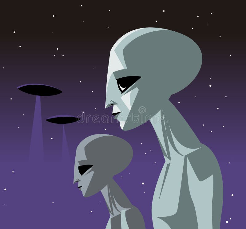 Grey aliens and ufo in the sky vector illustration