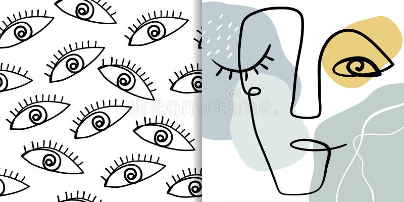 Abstract set including seamless pattern with eyes and minimalist line art poster, wall art with human face stock illustration