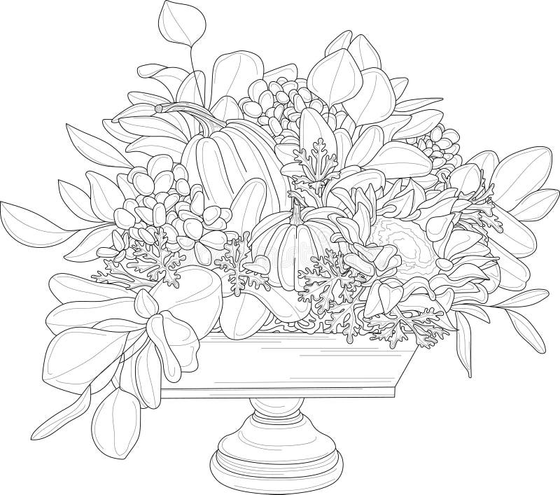 Realistic mix flower bouquet with roses, leafs and pumpkins sketch. Vector illustration in black and white