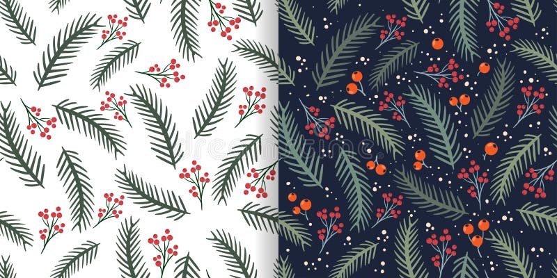 Christmas seamless patterns set with pine branches and berries