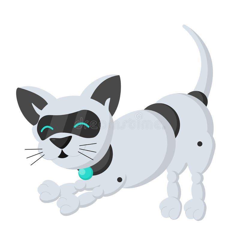 Cute Catrobot Bends on Its Front Paws, Silver Color on a White