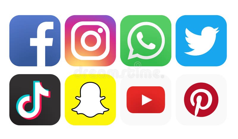 Collection of social media icons and logos with vector files. easily editable and have white background. high resolution. facebook instagram whatsapp tiktok snapchat youtube twitter pinterest logos collection.