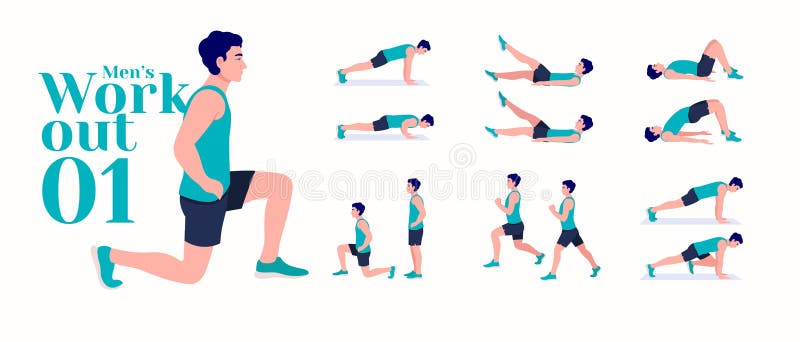 Men Workout Set. Men exercise vector set. Men doing fitness and yoga exercises. Lunges, Pushups, Squats, Dumbbell rows, Burpees, S stock images