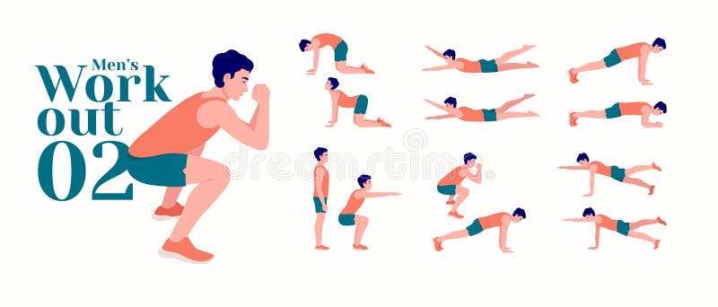 Men Workout Set. Men exercise vector set. Men doing fitness and yoga exercises. Lunges, Pushups, Squats, Dumbbell rows, Burpees, Side planks, Glute bridge, Leg Raise, Russian Twist. etc. Gymnastic equipment vector vectors