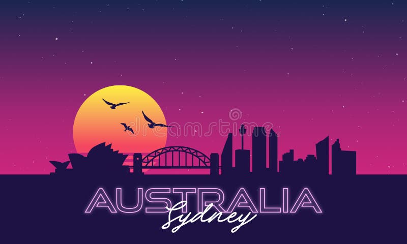 Vector graphic inspired by 80`s and synth wave vibes. Sydney, capitol of Australia. Vector graphic inspired by 80`s and synth wave vibes. Sydney, capitol of Australia.