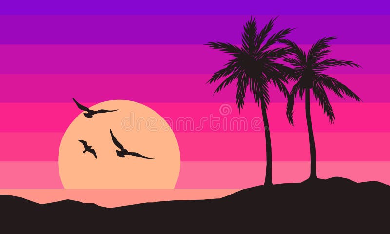 Tropical artwork in Hawaii style. Vector graphic with palms, birds, beach and sunset. Style synthwave vectors