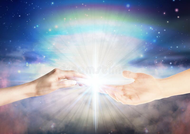 Magical divine love healing energy from hands universe background