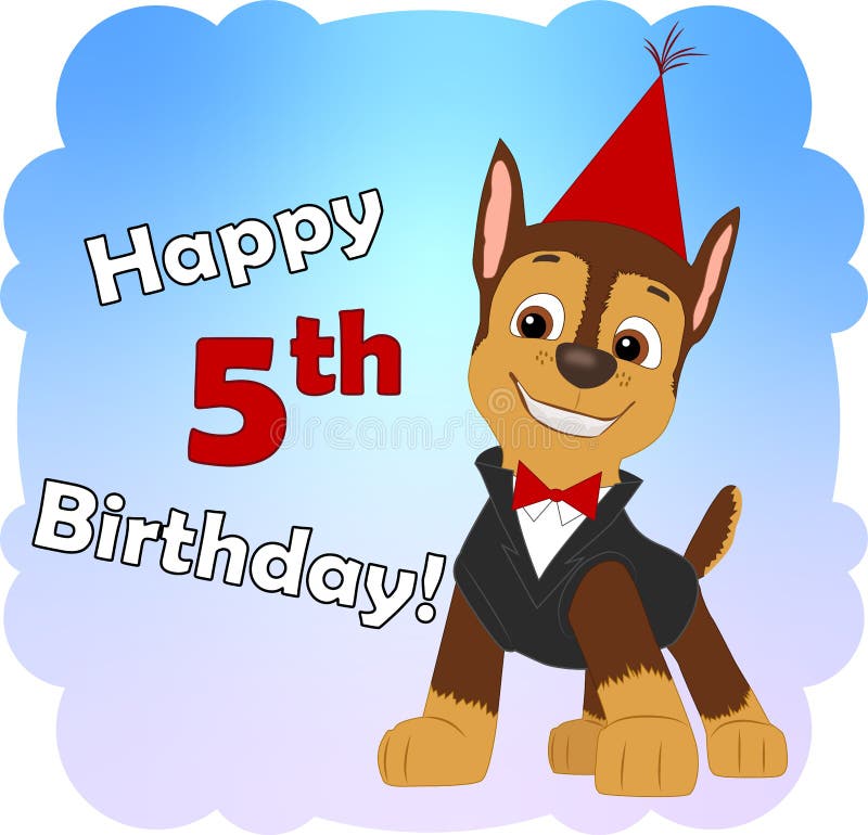 Happy 5th Birthday! Paw Patrol Chase with Red Cap and Suite. Editorial