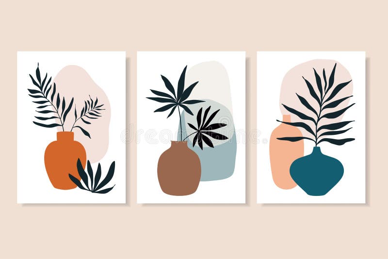 Botanical abstract wall art collection with summer lives in vases, line art vector illustration, modern minimalist contemporary de royalty free illustration