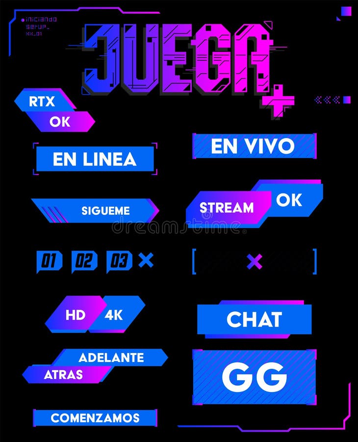 Juega, Play Spanish text Gaming Stream Interface elements, vector editable design. royalty free illustration