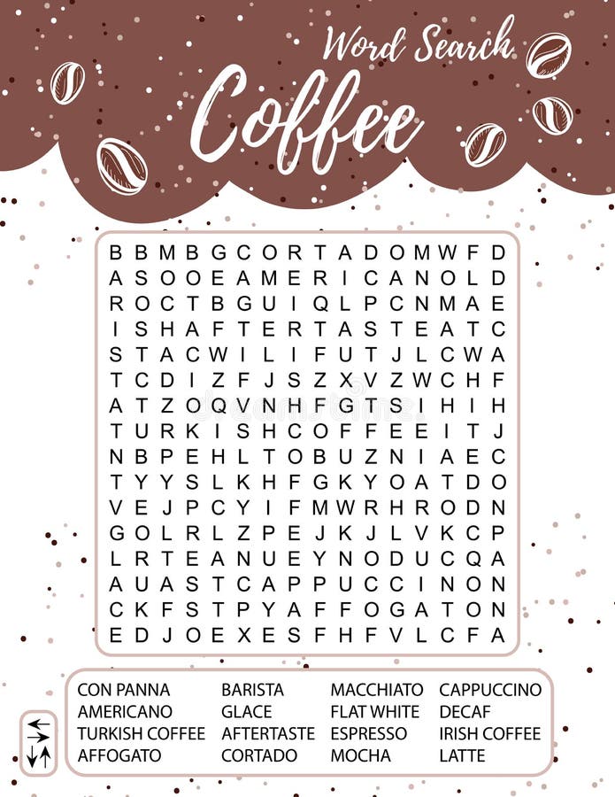 Coffee Word Search Puzzle. Crossword Suitable for Social Media Post