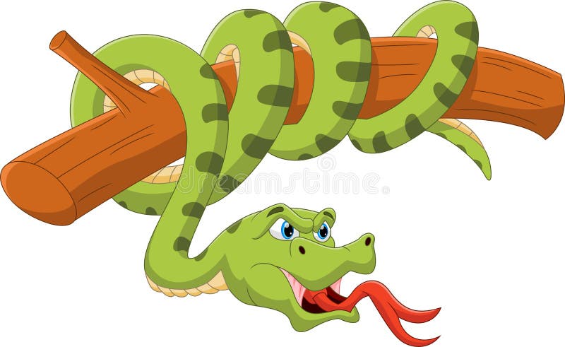 Cartoon green snake on tree