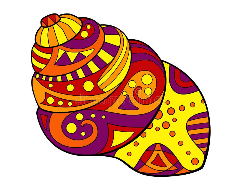 Seashell - vector linear full color illustration - with sea mollusk. Snail. Template for stained glass, batik or coloring. Ocean c