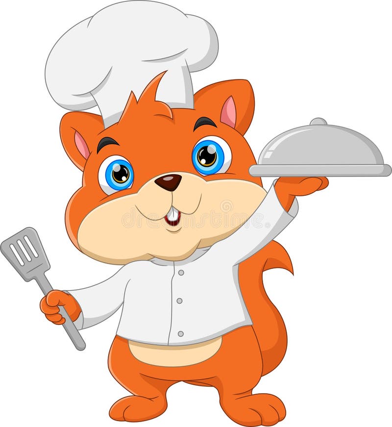 Cartoon chef squirrel carrying food tray