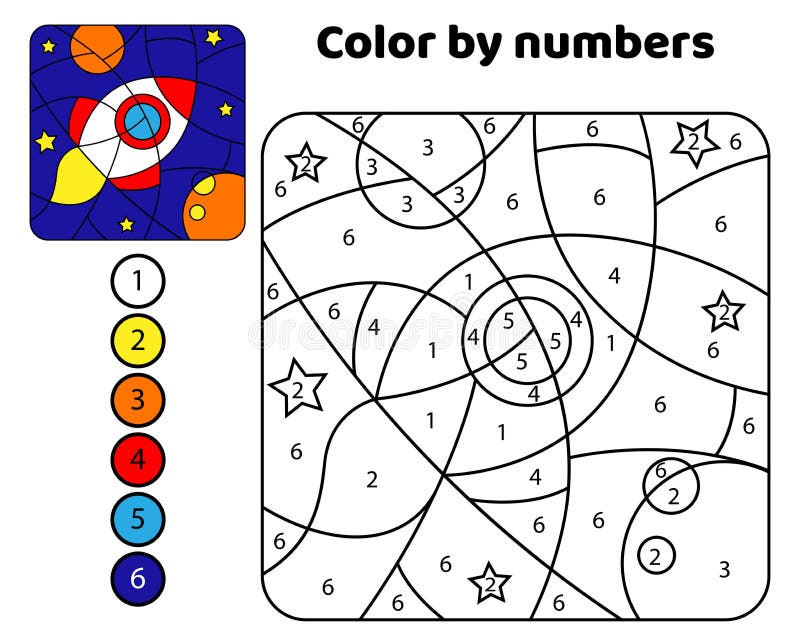Rocket in space. Color by numbers. Black and white vector illustration for coloring book with color example royalty free illustration