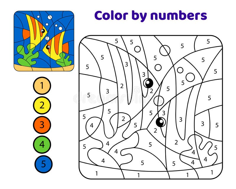 Fish in the underwater world. Color by numbers. Black and white vector illustration for coloring book with color example vector illustration