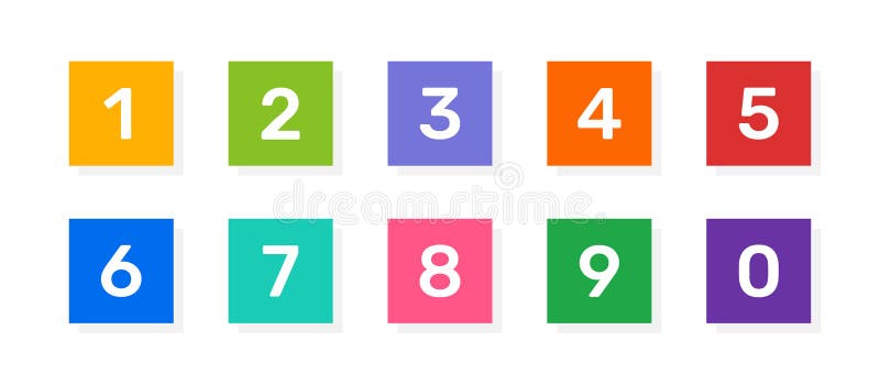 Numbers 1, 2, 3, 4, 5, 6, 7, 8, 9 and 0 Vector Icons on Colorful Square