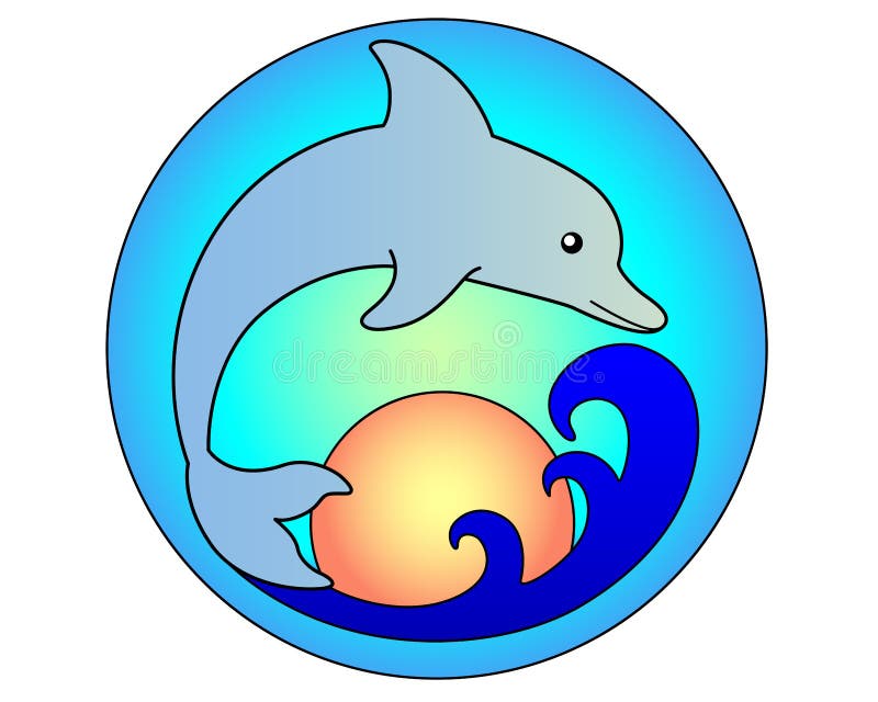 Dolphin Jumping Out of the Sea on the Background of the Sky and the Setting Sun - vector full color illustration. A bottlenose dolphin dives into an ocean wave at dawn..
