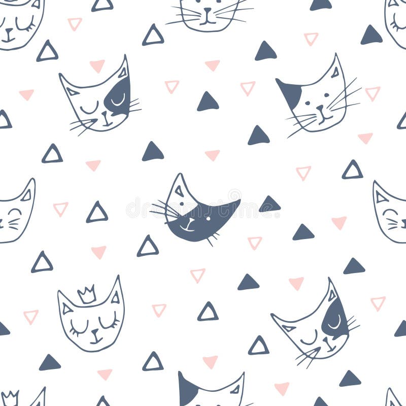 Seamless Pattern Cats Hand Draw Cat Princess Grey and Pink Cute Stock