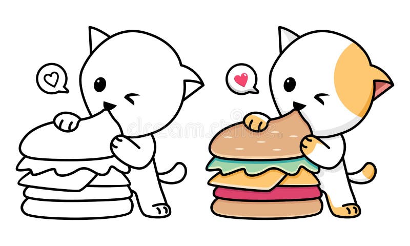 Cat Eating Burger Coloring Page for Kids Stock Vector - Illustration of ...
