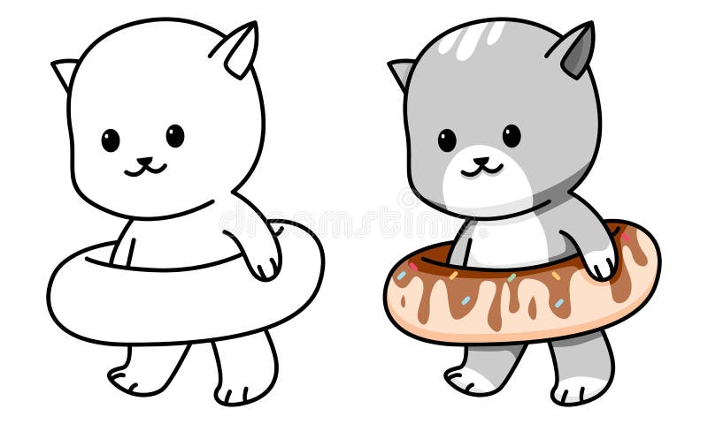 Cat with Doughnut Coloring Page for Kids Stock Vector - Illustration of ...