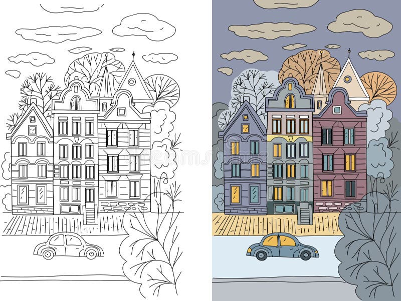 Coloring city street houses road car amsterdam hand drawn illustration postcard antistress for kids stock illustration.