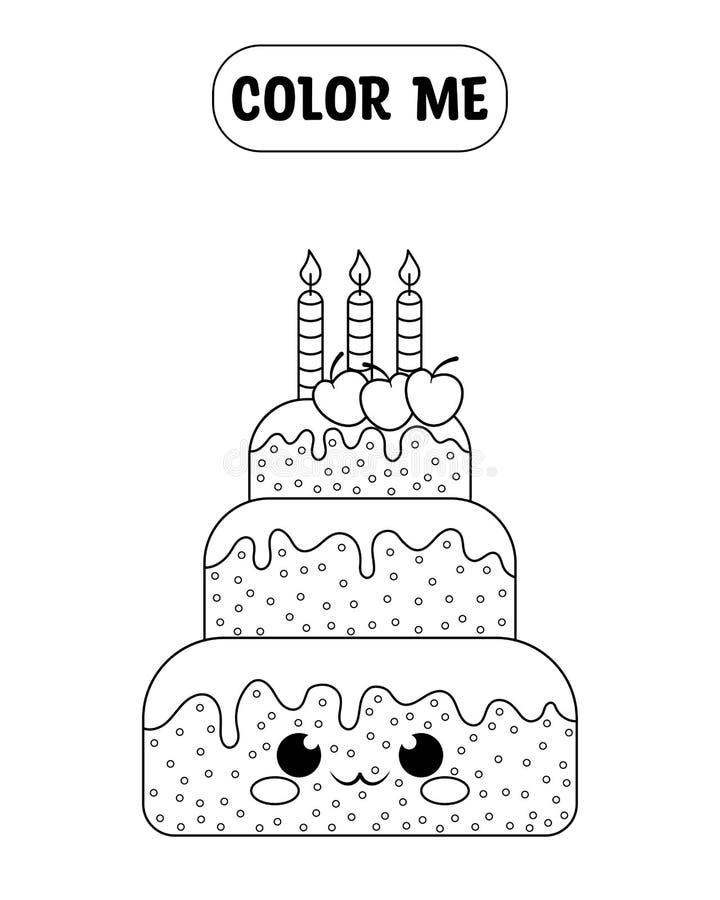 Birthday Cake Kawaii Coloring Page. Cartoon Sweet Design Stock Vector