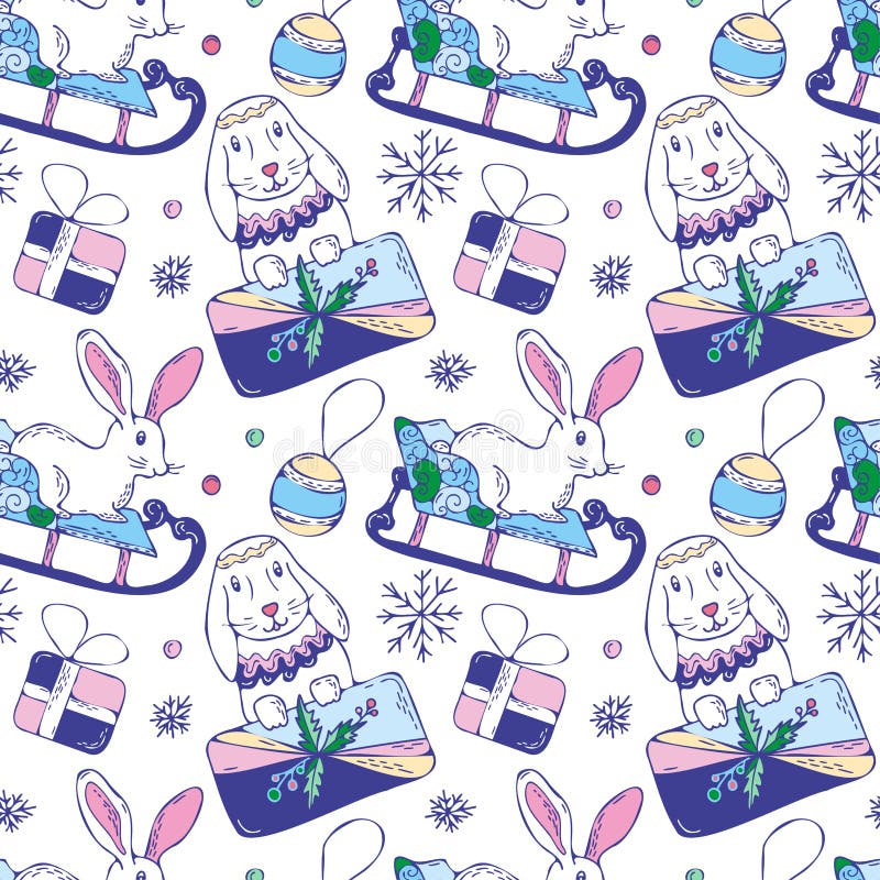 Hand drawn cute christmas bunnies with gifts and snowflakes. Seamless vector pattern. chinese new year of the rabbit. Seamless vector pattern on a white background for the design of wrapping paper, postcards, textiles, fabric.