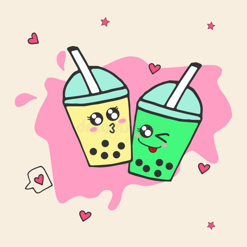 Set of four colorful bubble tea cups. Variety of flavours. Cute vector  illustration of boba tea, sweet Asian drink, in cartoon style with speech  bubble above. Flat design. Stock Vector