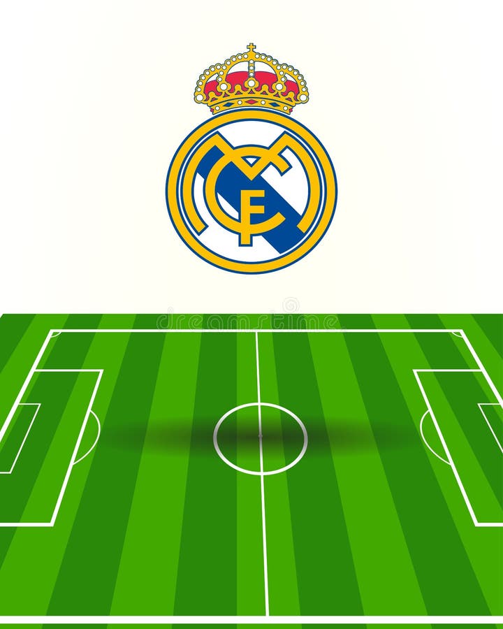 Real Madrid CF Logo with white background and green field, top professional top-division Spain football Club : Colombo, Sri Lanka � January 28, 2023