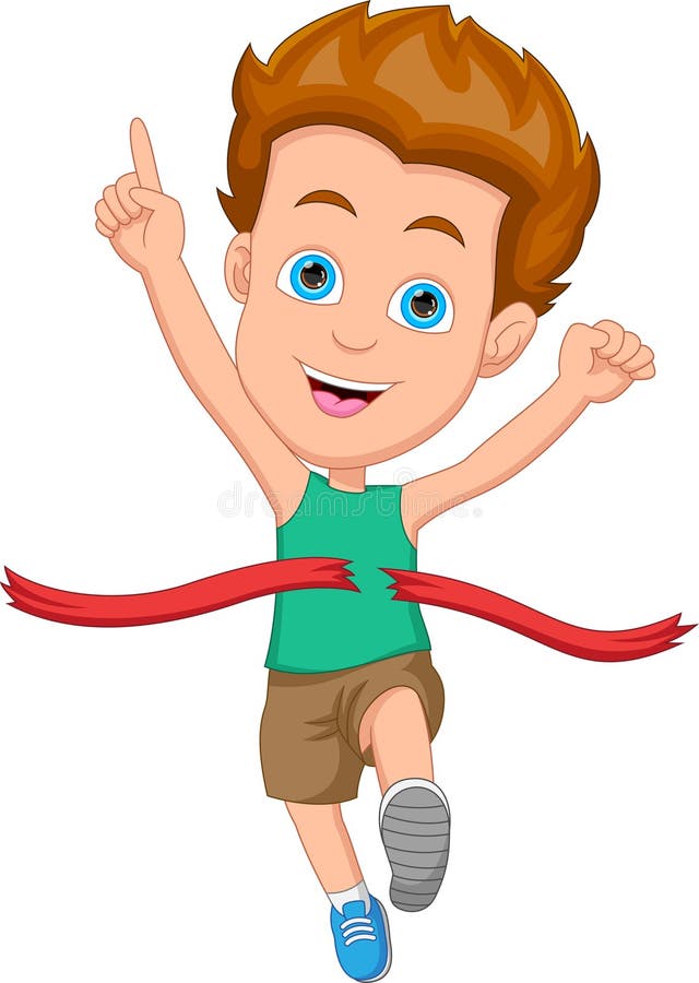Cartoon boy winning first place in running race competition