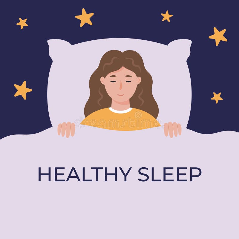 Healthy Sleep Banner. Woman Lies in Her Bed Under the Duvet with Stars Around. Good and Easy