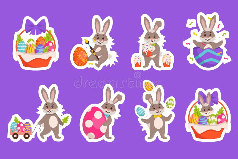 Set of Vector Stickers with Easter Bunny. Happy Easter! Stock Vector