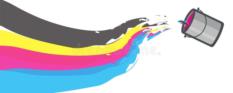 The CMYK color ink bucket throwing paint vector illustration