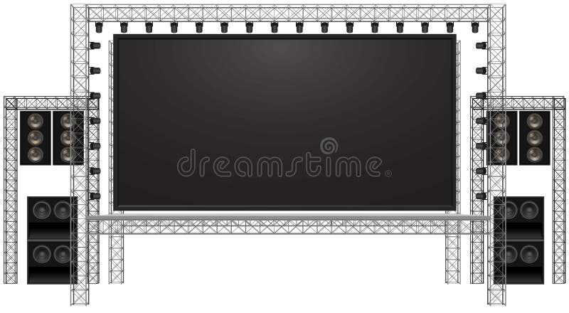 The white stage and speaker with led screen on the truss system on the white background
