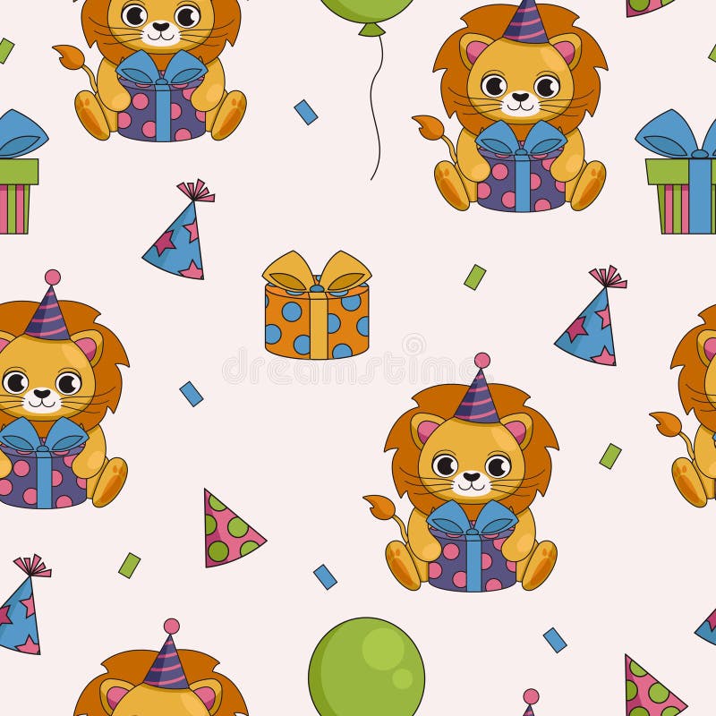 Seamless Holiday Pattern. Birthday. Cute Lion in a Party Cap with Gifts ...