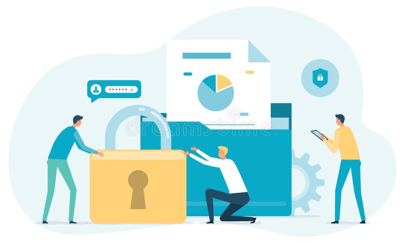 Business file database security. online cloud backup storage. personal data information document protection management. vector illustration