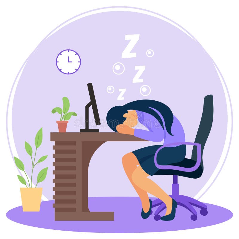 Snoozing Office Staff concept, woman employee working at her desk, resting her head on the table vector icon design royalty free illustration