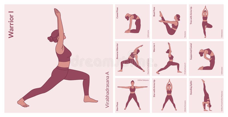 Yoga Workout Set. Young woman practicing Yoga poses. Woman workout fitness, aerobic and exercises stock photography