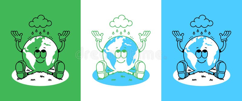 Vintage earth planet cartoon character illustration. Trendy retro nature environment mascot poster. Eco friendly print drawing in 70s comic art style.